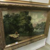 A 19C oil on canvas landscape with shepherd in gilt frame