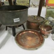 A copper lidded pan and 3 other items