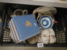 A box of miscellaneous tea ware including Cornishware