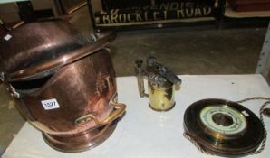 A copper coal scuttle, A barometer and a blow torch