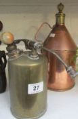A brass blow lamp and a copper oil can