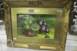 A still life oil painting of fruit with birds nest signed KJC