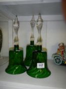 3 Victorian green glass bells