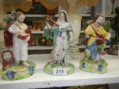 Three early Staffordshire figures, St. Luke, St. Mark and lady with cross, a/f