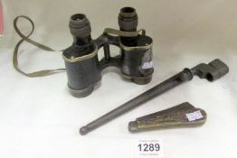 A spike bayonet, binoculars and US navy pocket knife