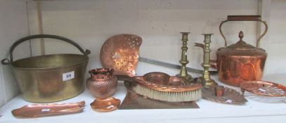 A mixed lot of brass and copper including jam pan, kettle, candlesticks, crumb tray and brush etc