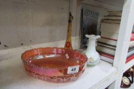 A carnival glass dish, Pottery Giraffe and glass vase