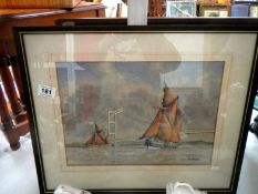 A framed watercolour 'Ships at Humber Bridge' signed F D Robinson
