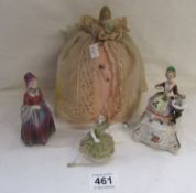 A Victorian pin cushion doll, a trinket pot a/f and 2 other items