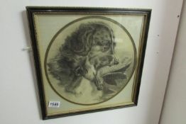 A charcoal drawing of a dog with pheasant in his mouth