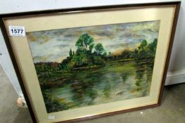 An oil painting of a lake scene, T C Templeton, 1986 (50 x 40cm)