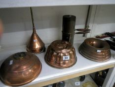 2 copper jelly moulds, a copper bed warmer, funnel and pot