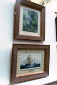 2 framed prints, seascape and garden scene