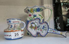A Mason's jug and 2 items of Delft pottery
