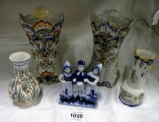A pair of Quimper vases (1 a/f) and 3 other Delft items