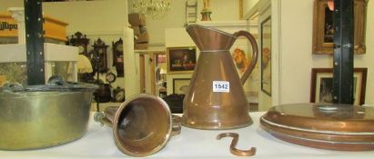 A copper jug, bedwarmer, bugle and a brass jam pan