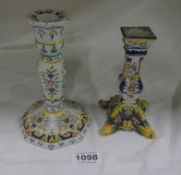 2 early Quimper candlesticks