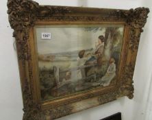 A gilt framed watercolour of a Mother with children in countryside signed J L V Bullin 1913