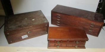 3 wooden boxes (one with camera lens etc)