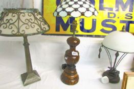 A wood based table lamp and 2 others