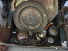 A mixed lot of brass and copperware, plaques etc