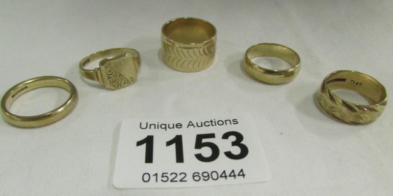 5 9ct gold rings, (25gms)