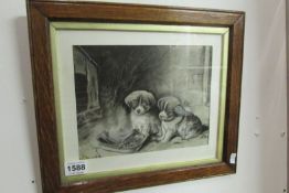 A charcoal drawing of 2 puppies signed Ralph 1915