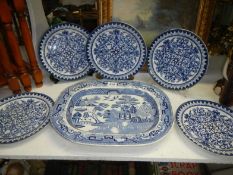 5 Cauldon blue and white plates and a meat platter