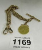 A 9ct gold watch chain with 1882 Argentinian gold coin