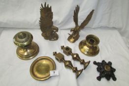 A mixed lot of brass ware including candlesticks