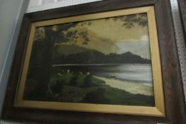 An oak framed oil on canvas lake scene