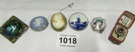 6 brooches including Cameo, Delft, Wedgwood, silver etc