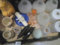A box of miscellaneous china, glass, lampshades etc