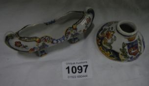 An early Quimper inkwell and a small Delft dish