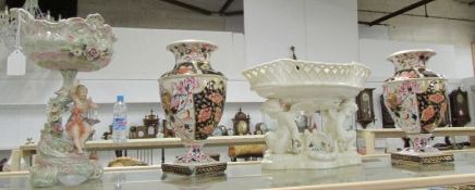 A pair of Royal Crown Derby vases and 2 cherub bowls, all a/f