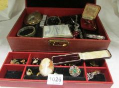 A jewellery box and contents including cameo, silver bangle etc