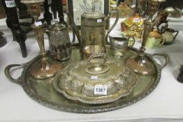 8 items of silver plate including tray, candlesticks etc