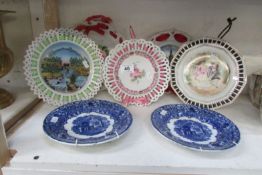 A pair of George Jones blue and white plates and 5 ribbon plates