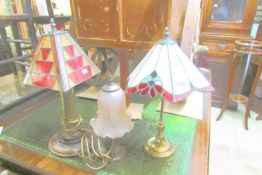 2 brass table lamps with Tiffany style shades and one other