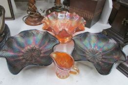 3 Carnival glass dishes and a jug