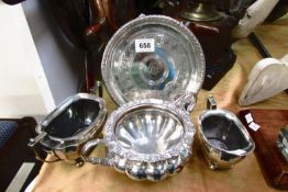 A silver plate card tray, 2 sugar bowls and jug