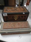 A carved wood casket and an Oriental carved wood box