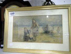 A 19C watercolour of a fisherman working on beach