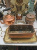 A brass tray, copper kettle, copper planter and 3 other items