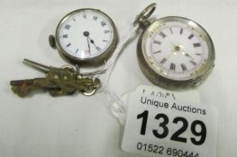 A ladies silver fob watch and a silver wrist watch