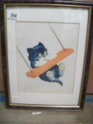 A picture of a kitten on swing signed Lawson Wood