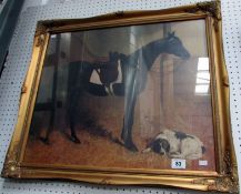 A print of a racehorse and a dog in a stable