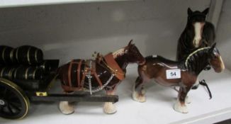 A Beswick horse, large shire horse and brewer's dray with horse