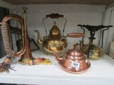 A bugle, copper kettle, brass kettle, brass stove & blowlamp