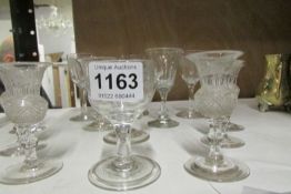 6 Scottish Thistle engraved Liquor glasses & 2 folded foot glasses